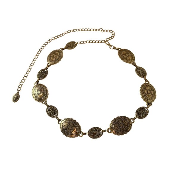 Vintage Oval Carved Concho Western Cowgirl Waist Chain Belt Womens Gold Ethnic - Picture 5 of 11